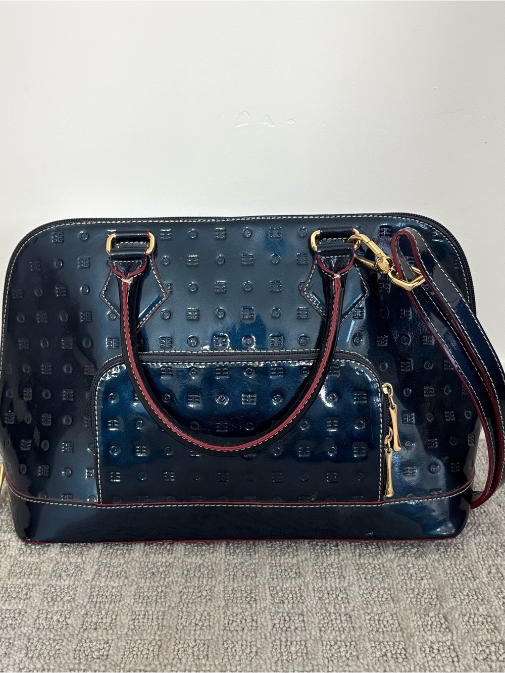 Arcadia Navy Patent Satchel with Red Trim and Gold Hardware